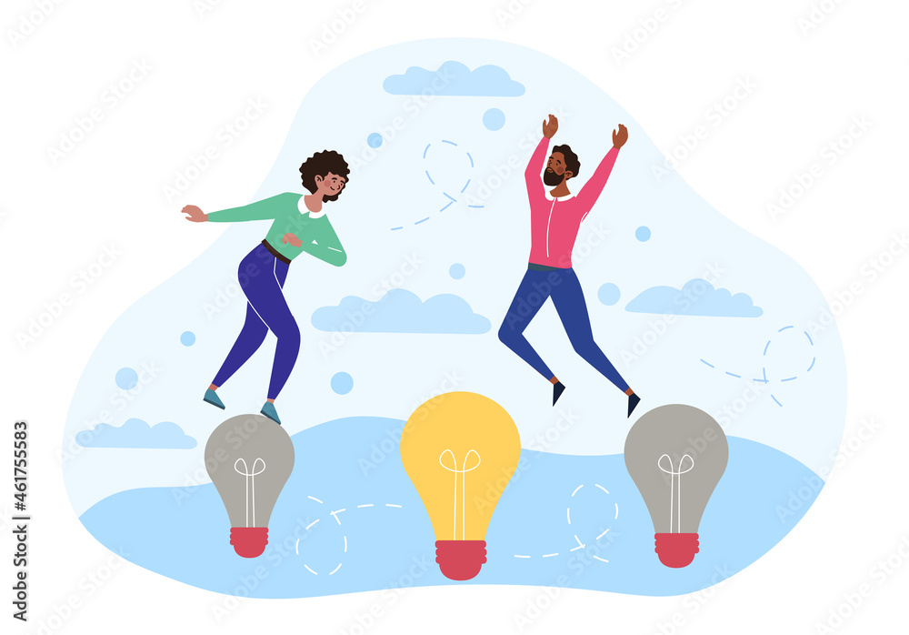 Business transformation concept. Characters jump on glowing light bulb. Metaphor of innovation in company and desire for development. Cartoon flat vector illustration isolated on white background