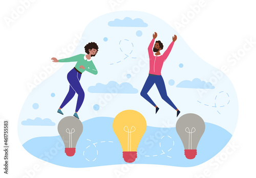Business transformation concept. Characters jump on glowing light bulb. Metaphor of innovation in company and desire for development. Cartoon flat vector illustration isolated on white background