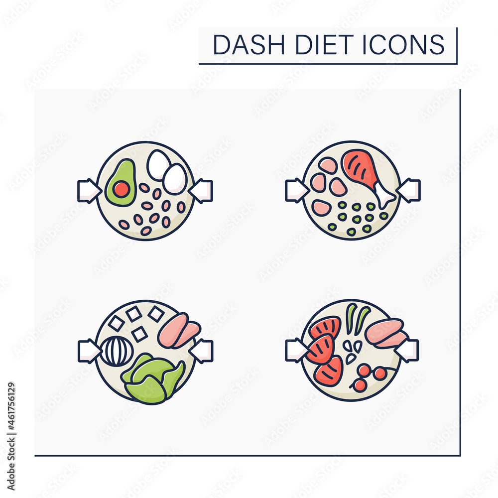 Dash diet color icons set. Balanced nutrition. Small portion. Healthy food concepts. Isolated vector illustrations