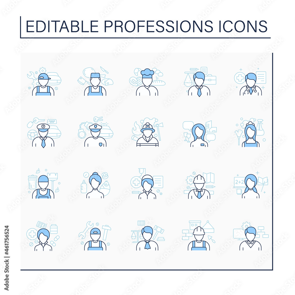 Professions line icons set. Various professions. Important jobs. Career concept. Isolated vector illustrations.Editable stroke