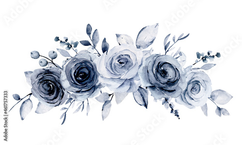 Navy blue flowers watercolor, floral clip art. Bouquet roses perfectly for printing design on invitations, cards, wall art and other. Arrangement isolated on white background. Hand painting.