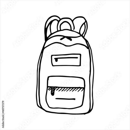 Hand drawn sketch backpack - for school and university or camping. Isolated on white background. Sketch of a rucksack.