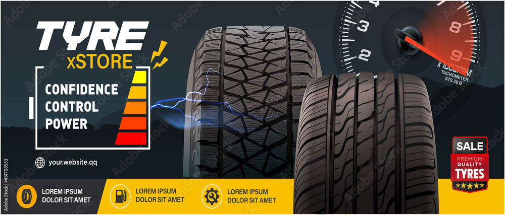 Tyre Store Banner Design. Confidence, Control, Power.  Tires Car Black Rubber Tyre. Realistic Vector Shining Disk Car Wheel Tyre. Information. Landscape Poster, Flyer, Booklet, Brochure, Web Design. - obrazy, fototapety, plakaty 