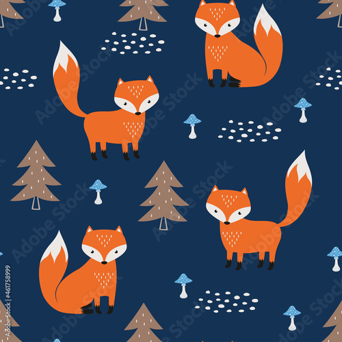 cute seamless pattern with foxes and mushrooms