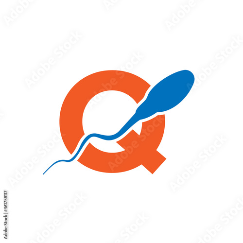 Sperm, Egg Cell Logo On Letter Q Template. Sperm Bank Medical Logo. Sperm Logo Vector Icon