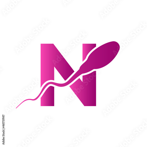 Sperm, Egg Cell Logo On Letter N Template. Sperm Bank Medical Logo. Sperm Logo Vector Icon