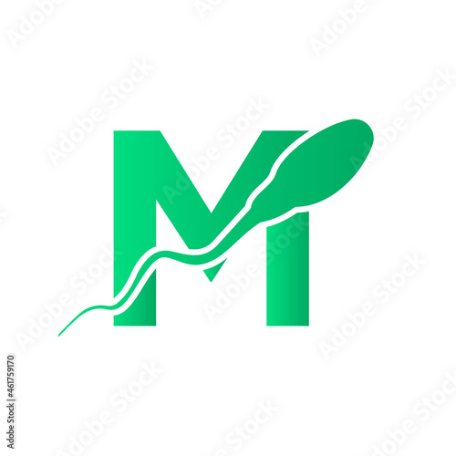 Sperm, Egg Cell Logo On Letter M Template. Sperm Bank Medical Logo. Sperm Logo Vector Icon