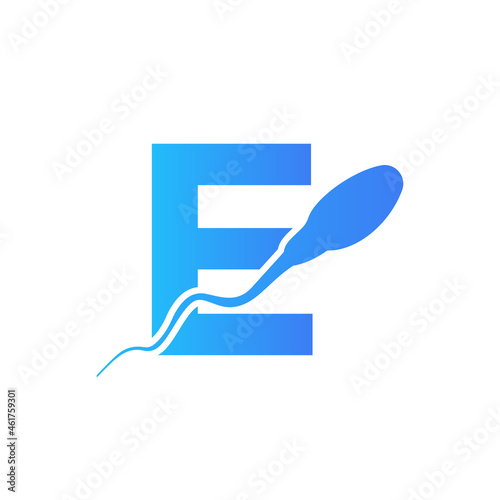 Sperm, Egg Cell Logo On Letter E Template. Sperm Bank Medical Logo. Sperm Logo Vector Icon