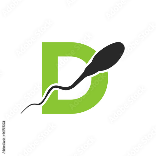 Sperm, Egg Cell Logo On Letter D Template. Sperm Bank Medical Logo. Sperm Logo Vector Icon