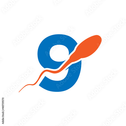 Sperm, Egg Cell Logo On Letter 9 Template. Sperm Bank Medical Logo. Sperm Logo Vector Icon