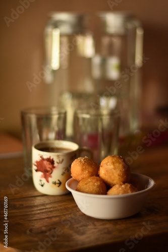 Fresh Cheese Balls and Hot Cup Of Tea. Food Photography