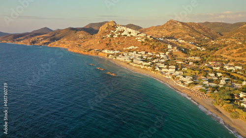 Aerial drone photo of breathtaking and picturesque main village of Skyros island featuring uphill medieval castle with scenic views to Aegean sea at sunset  Sporades islands  Greece