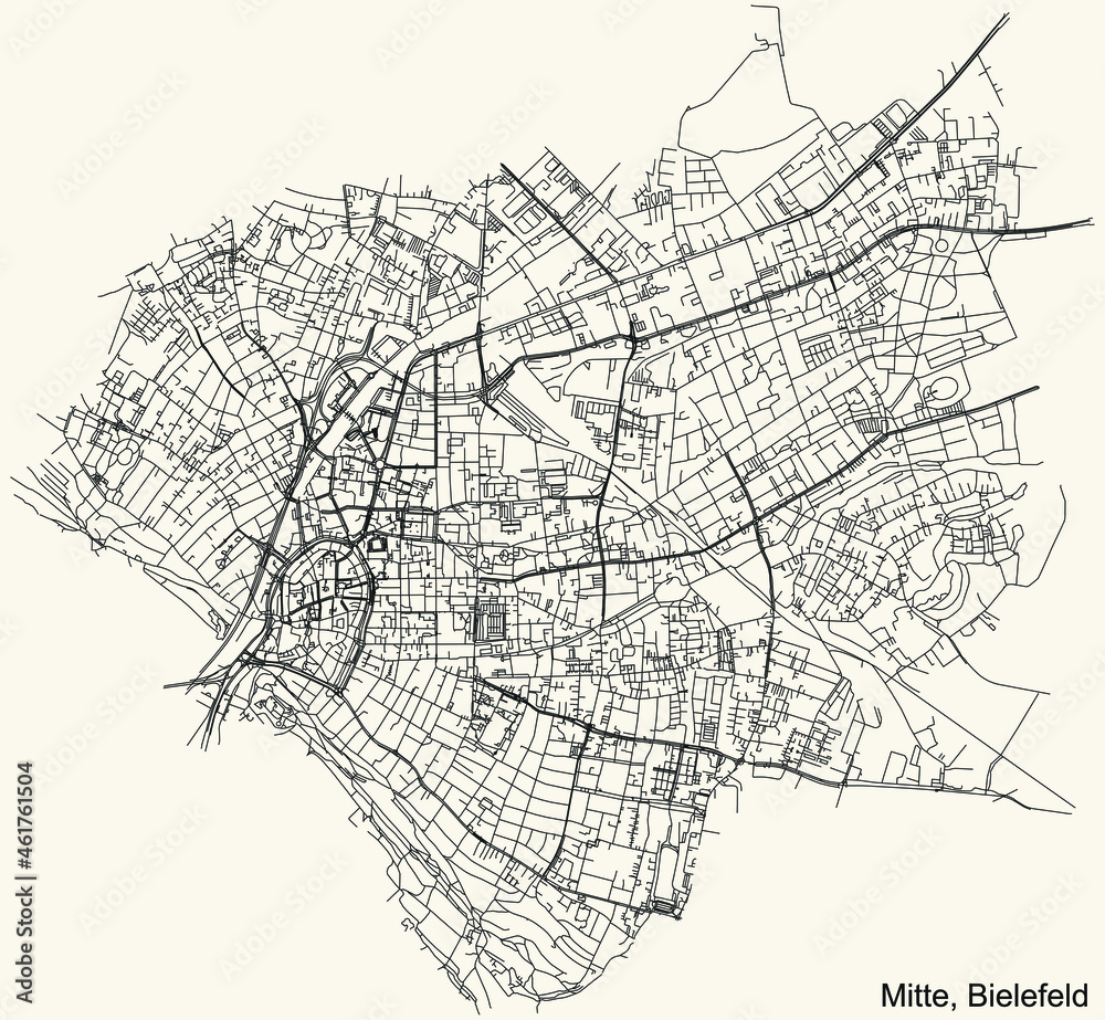 Detailed navigation urban street roads map on vintage beige background of the quarter Mitte district of the German regional capital city of Bielefeld, Germany