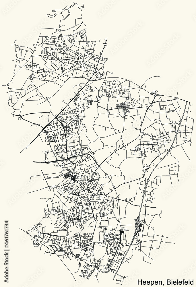 Detailed navigation urban street roads map on vintage beige background of the quarter Heepen district of the German regional capital city of Bielefeld, Germany