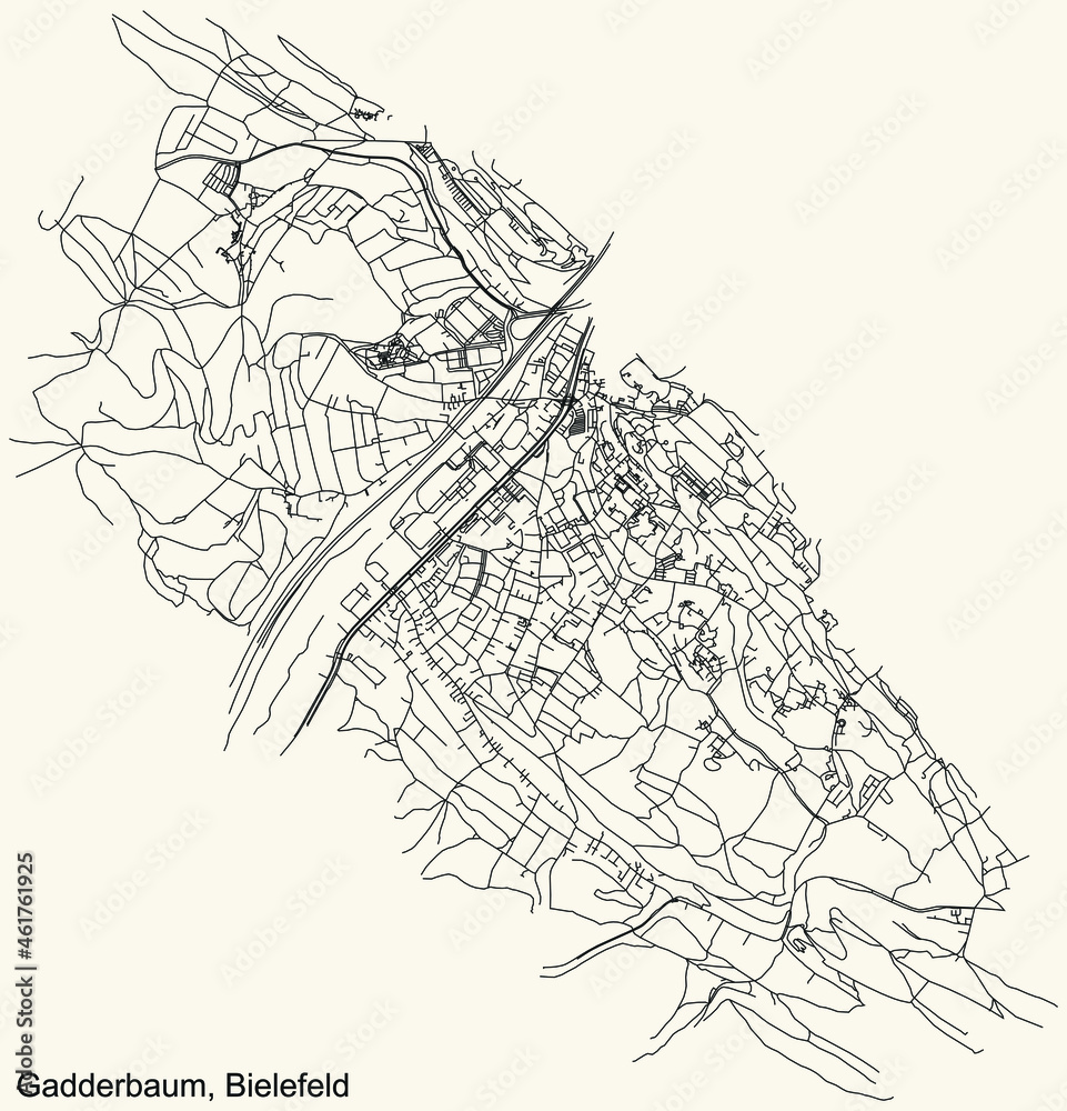 Detailed navigation urban street roads map on vintage beige background of the quarter Gadderbaum district of the German regional capital city of Bielefeld, Germany