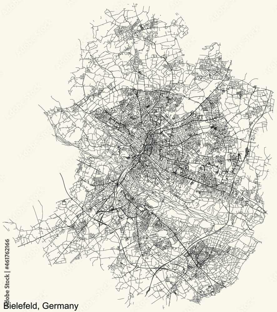 Detailed navigation urban street roads map on vintage beige background of the German regional capital city of Bielefeld, Germany