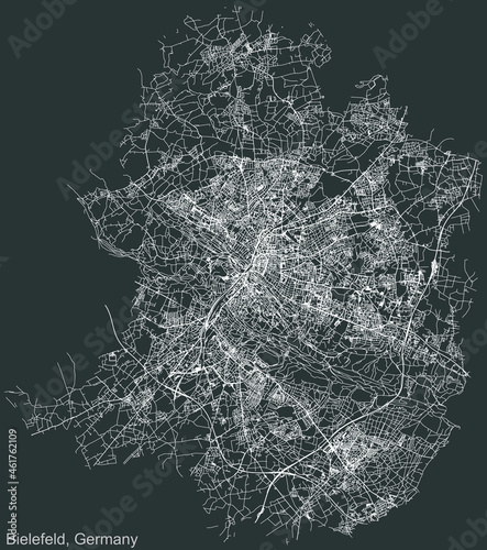 Detailed negative navigation urban street roads map on dark gray background of the German regional capital city of Bielefeld, Germany