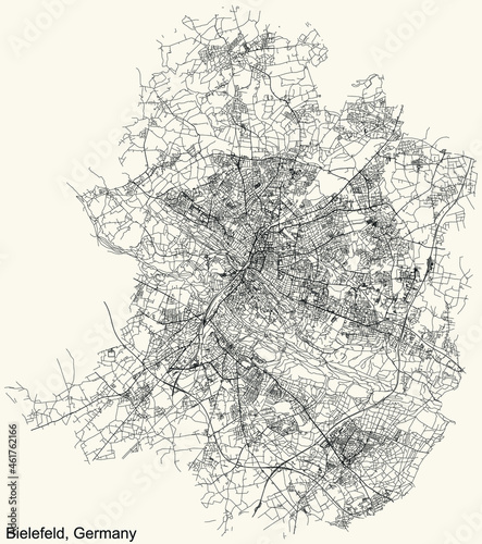 Detailed navigation urban street roads map on vintage beige background of the German regional capital city of Bielefeld, Germany