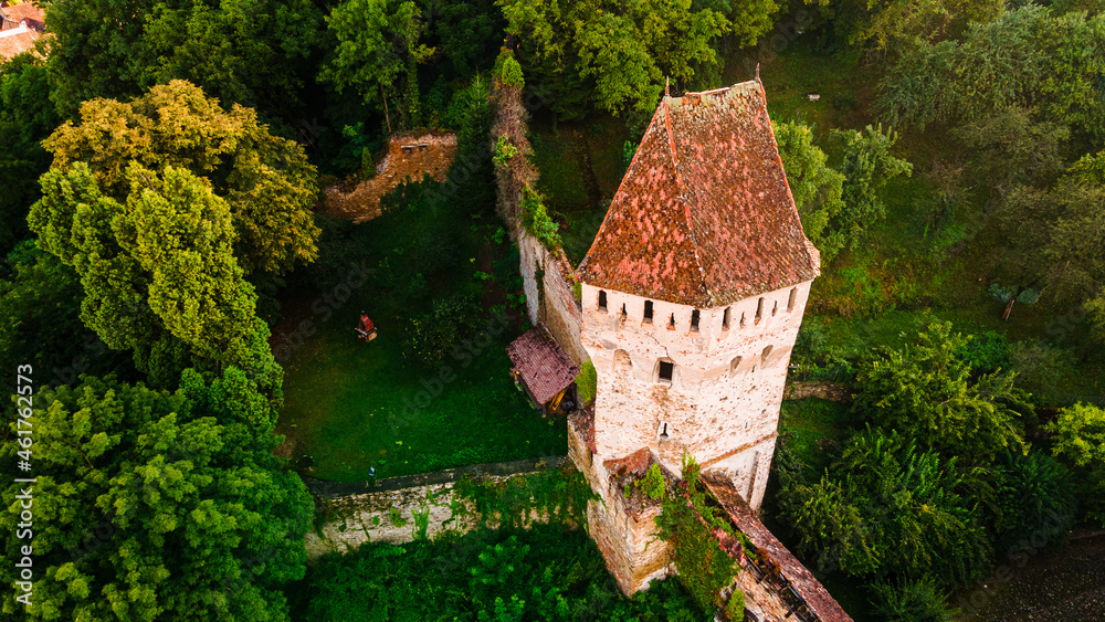 Aerial photography of a medieval tower fortification called Turnul ...