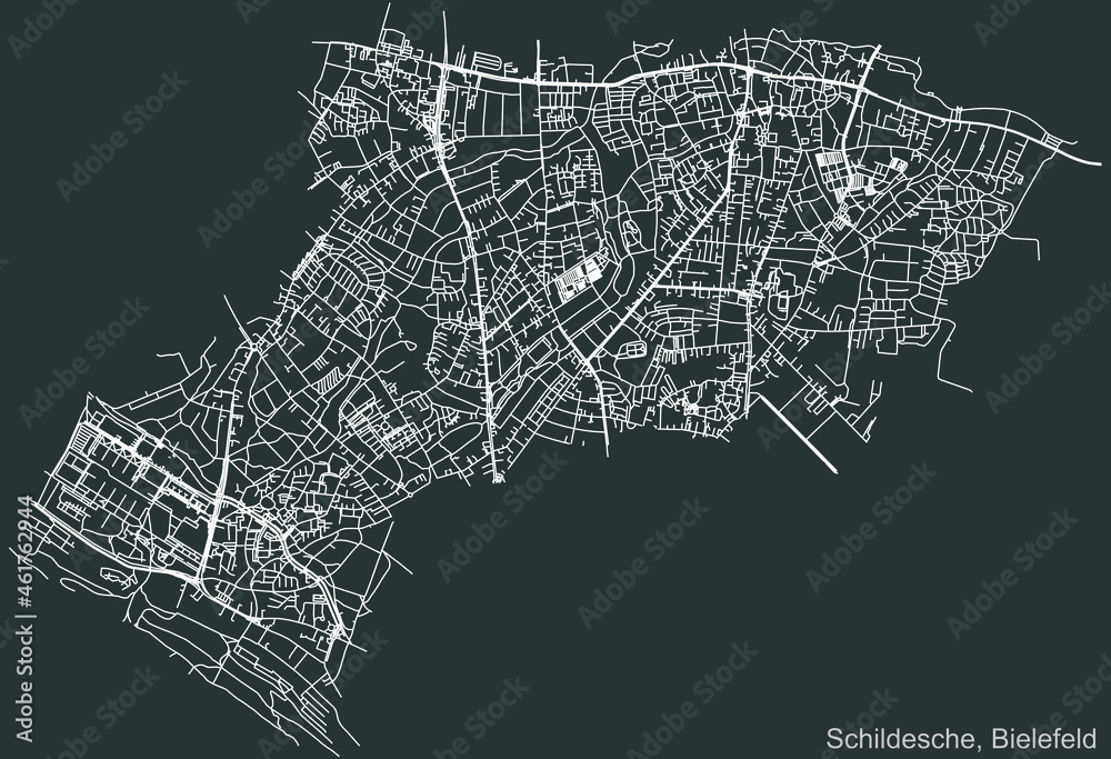 Obraz premium Detailed negative navigation urban street roads map on dark gray background of the quarter Schildesche district of the German regional capital city of Bielefeld, Germany