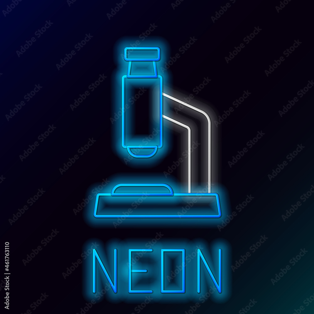 Glowing neon line Microscope icon isolated on black background. Chemistry, pharmaceutical instrument, microbiology magnifying tool. Colorful outline concept. Vector Glowing neon line Microscope icon isolated on black background. Chemistry, pharmaceutical instrument, microbiology magnifying tool. Colorful outline concept. Vector