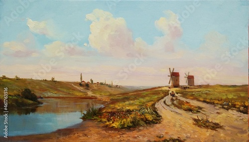 summer landscape with windmills
