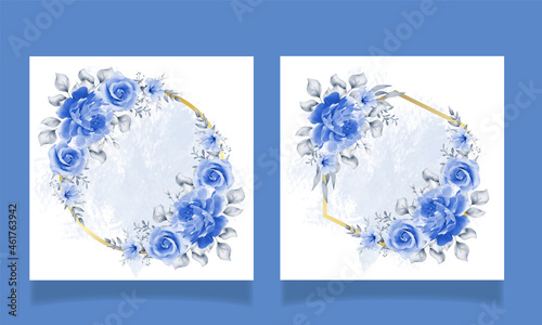 Golden circle blue rose floral frame vector design