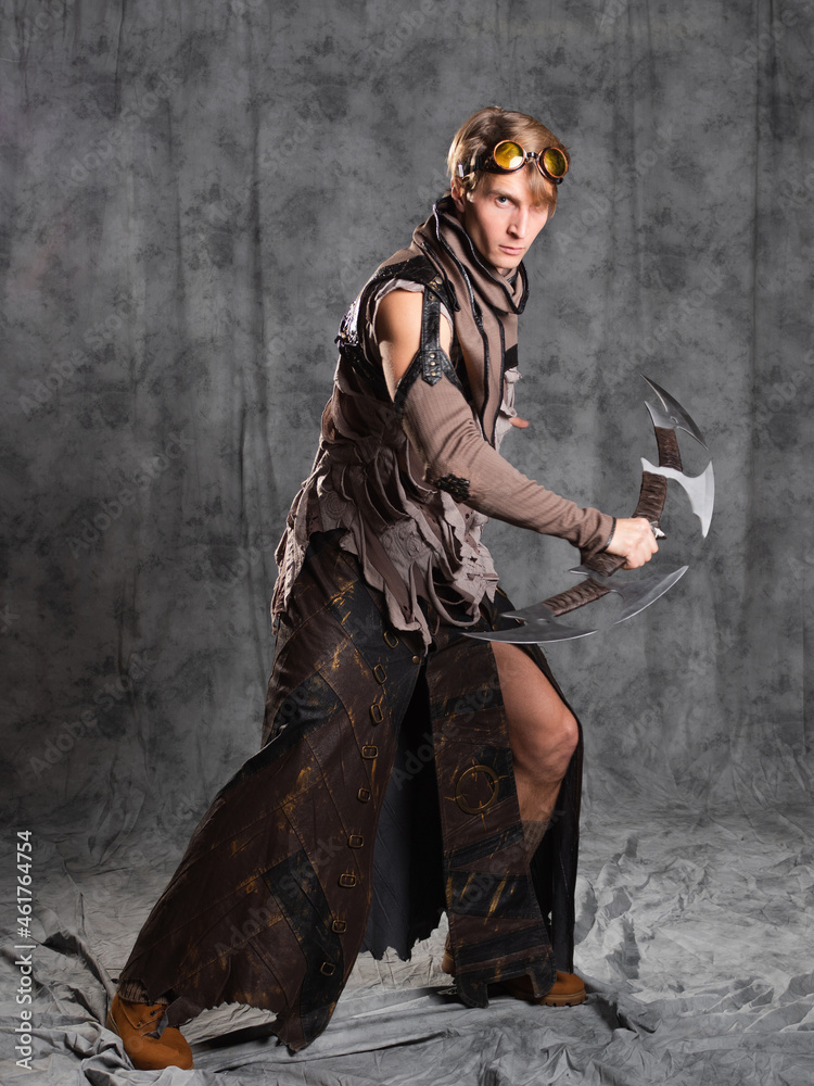 Naklejka premium Steampunk or post-apocalyptic style character, with an unusual cold weapon