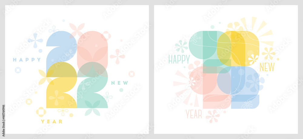 Happy New Year 2022. Pastel colored numbers with geometric flowers and abstract floral decor on white background. Elegant vector illustration for beauty clinic or fashion studio calendar cover