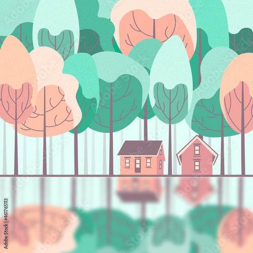 House in forest, tree, wood, country ife, village vector illustration in flat, cartoon, minimalistic style in green, brown, orange colors. For card, banner, post, stories, print