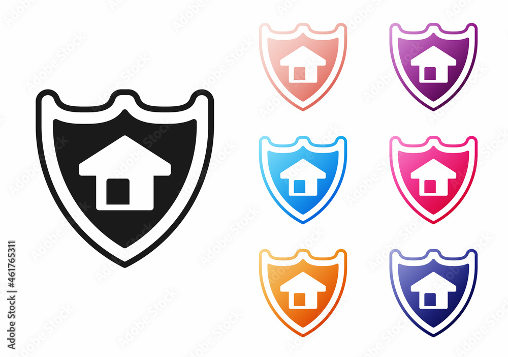 Black House with shield icon isolated on white background. Insurance concept. Security, safety, protection, protect concept. Set icons colorful. Vector Black House with shield icon isolated on white background. Insurance concept. Security, safety, protection, protect concept. Set icons colorful. Vector