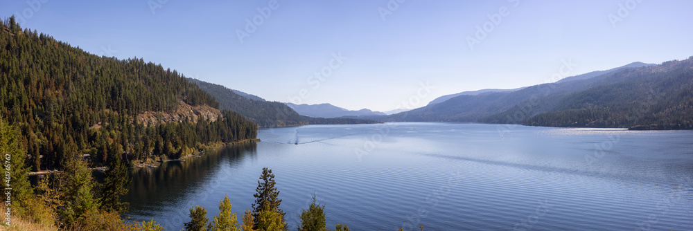 Panoramic View of Christina Lake during a sunny fall season day. West Kootenay, British Columbia, Canada.