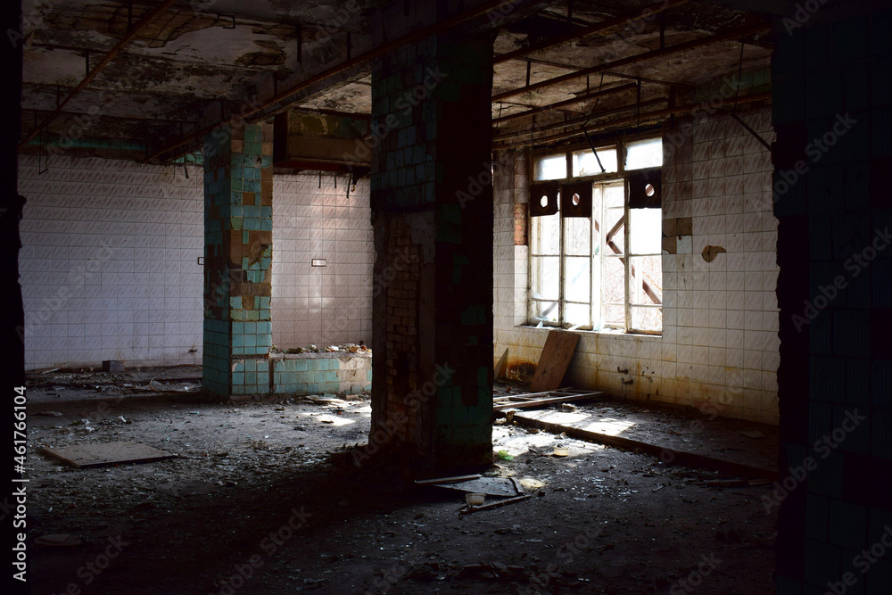 old abandoned premises, ruin. empty territories, abandoned houses. concept of war, Chernobyl disaster, apocalypse. brick buildings. sad view, heavy atmosphere. desolation and destruction of the abode