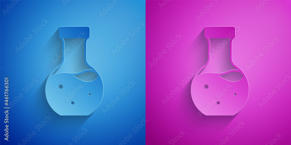 Paper cut Test tube and flask chemical laboratory test icon isolated on blue and purple background. Laboratory glassware sign. Paper art style. Vector Paper cut Test tube and flask chemical laboratory test icon isolated on blue and purple background. Laboratory glassware sign. Paper art style. Vector