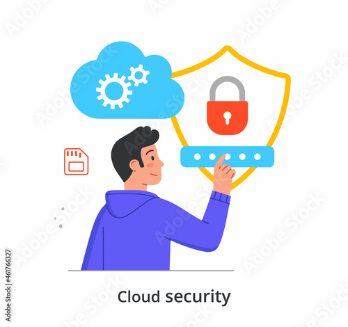 Cloud security concept. Man enters password to log in to personal account of digital data warehouse. Information and cyber protection. Cartoon flat vector illustration isolated on white background