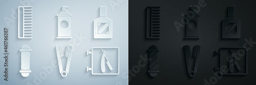 Set Curling iron for hair, Aftershave, Classic Barber shop pole, Barbershop with razor, Shaving gel foam and Hairbrush icon. Vector