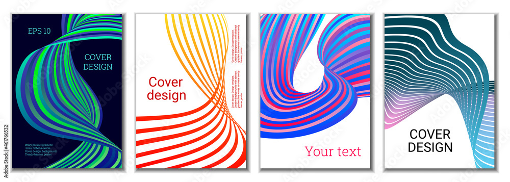 A set of 4 abstract covers. Wavy parallel gradient lines, ribbons evolve. Cover design, background. Trendy banner, poster.