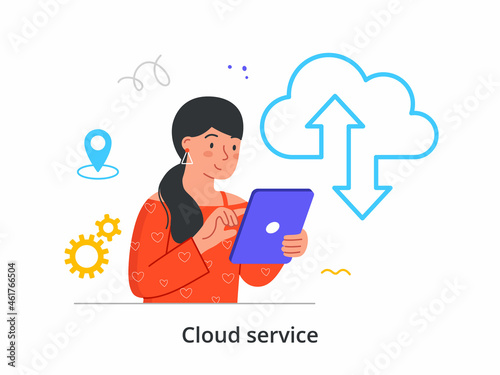 Cloud service concept. Woman holds tablet and transmits information using cloud data storage. Online file transfer. Digital server. Cartoon flat vector illustration isolated on white background