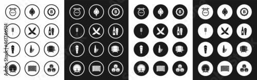 Set Bottle cap with inscription beer, Cereals set rice, wheat, corn, oats, rye, barley, Street signboard Beer, bottle and glass, Hop, Wooden barrel rack stopcock and Glass of icon. Vector