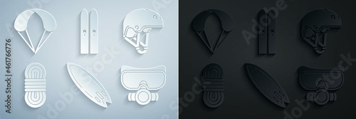Set Surfboard, Helmet, Climber rope, Diving mask, Ski and sticks and Parachute icon. Vector