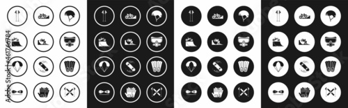 Set Helmet, Bicycle on street ramp, Ski poles, Diving mask, Rubber flippers for swimming and Parachute icon. Vector