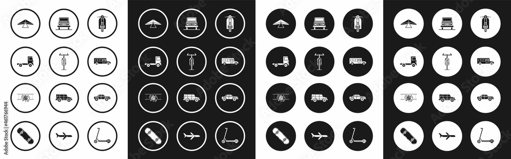 Set Scooter, Bicycle, Delivery cargo truck vehicle, Hang glider, School Bus, Car, Sedan and Old retro vintage plane icon. Vector