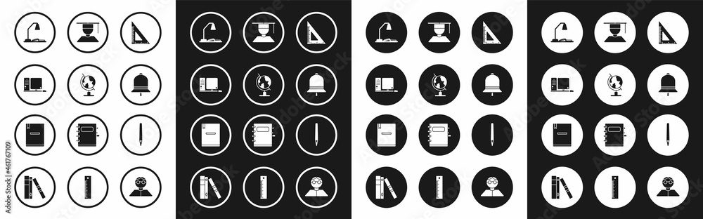 Set Triangular ruler, Earth globe, Computer monitor with keyboard and mouse, Workplace table lamp open book, Ringing bell, Graduate graduation cap, Pen and Notebook icon. Vector Set Triangular ruler, Earth globe, Computer monitor with keyboard and mouse, Workplace table lamp open book, Ringing bell, Graduate graduation cap, Pen and Notebook icon. Vector