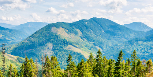 Fototapeta Naklejka Na Ścianę i Meble -  Blue mountains and green hills panorama, nature landscape