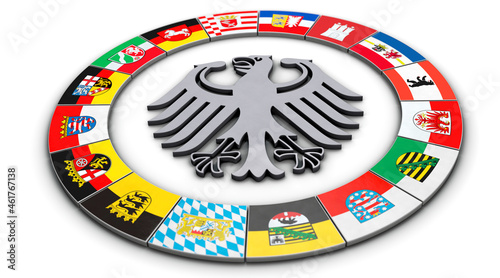 Fotografía Bundesadler mit Flaggen der 16 deutschen Bundesländer und Stadtstaaten