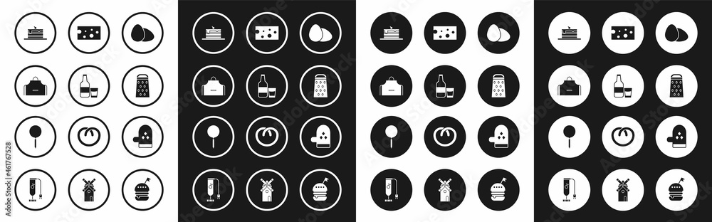 Fototapeta premium Set Chicken egg, Glass bottle with milk and glass, Kitchen apron, Stack of pancakes, Grater, Cheese, Oven glove and Frying icon. Vector