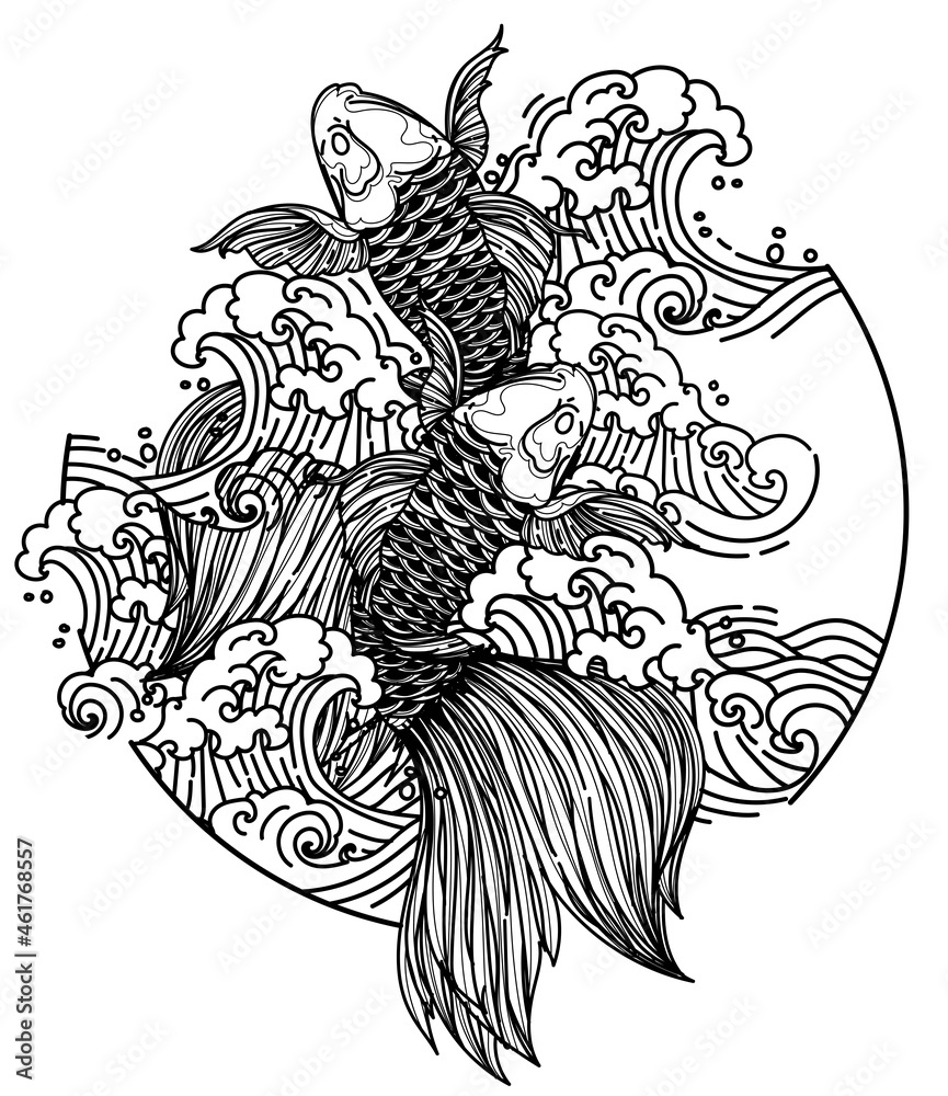 Tattoo art japan fishs design hand drawing and sketch black and white