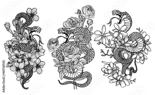 Tattoo art snak and flower drawing and sketch black and white