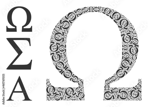 Itself fractal mosaic Omega Greek letter. Vector Omega Greek letter mosaic is organized from random itself Omega Greek letter items. Flat design.