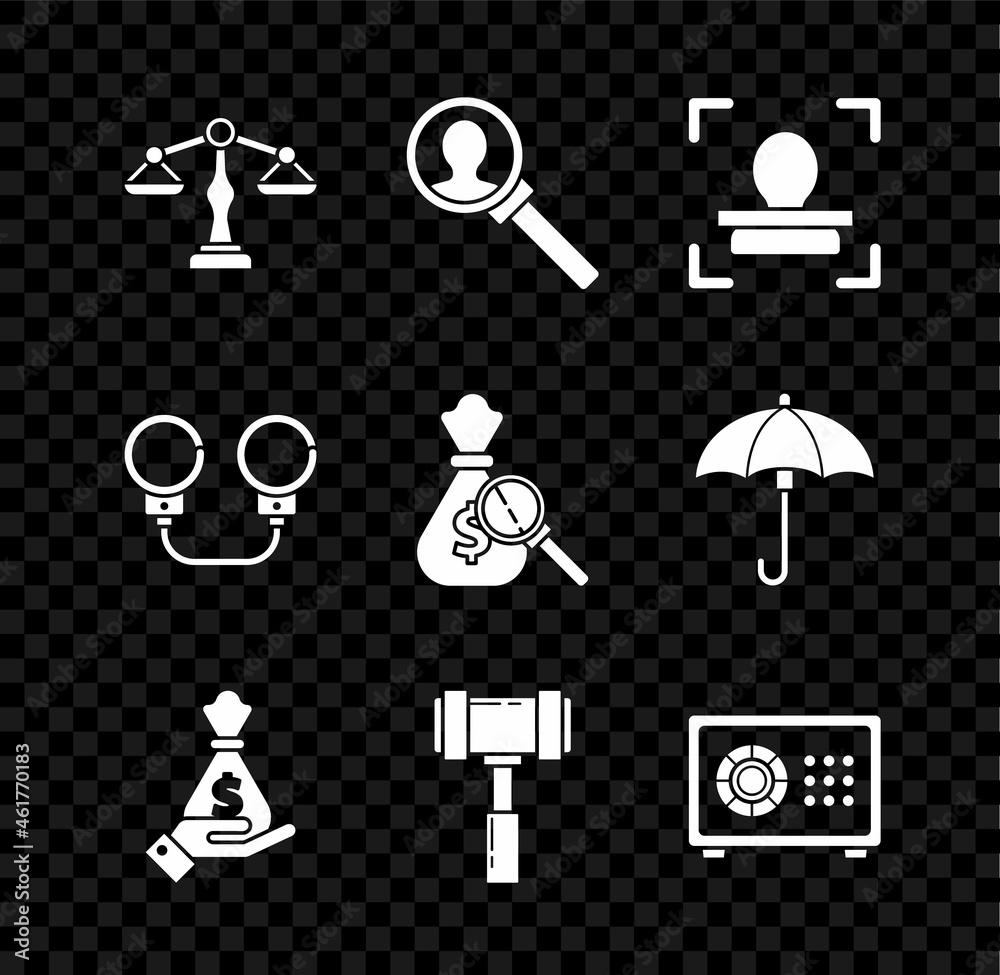 Set Scales of justice, Magnifying glass for search, Face recognition, Hand holding money bag, Judge gavel, Safe, Handcuffs and Money magnifying icon. Vector